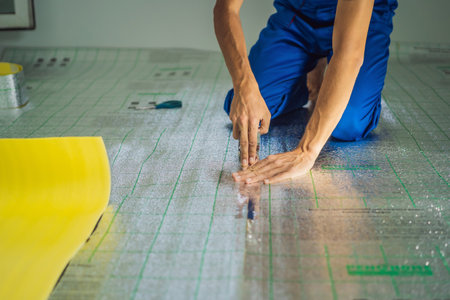 Master installs the overlapping thermal insulation in the room. Floor heating installation. Male hand holds reinforced tape. Repair in the apartment, floor insulationの写真素材