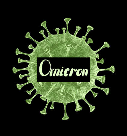 Omicron variant of COVID. New strain of coronavirus. Deadly outbreak of coronavirus. Pandemic medical health risk concept. Disease cell on blackの写真素材
