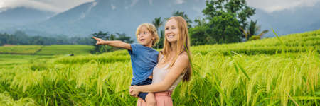 Mom and son travelers on Beautiful Jatiluwih Rice Terraces against the background of famous volcanoes in Bali, Indonesia Traveling with children concept BANNER, long formatの写真素材
