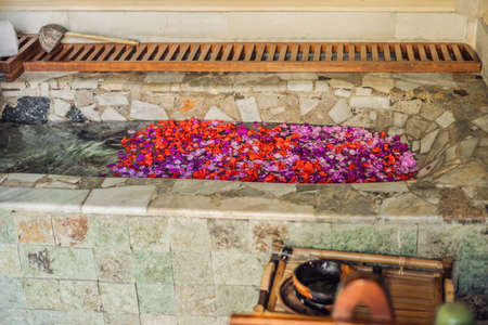 Bath with petals of tropical colors and aroma oilsの写真素材