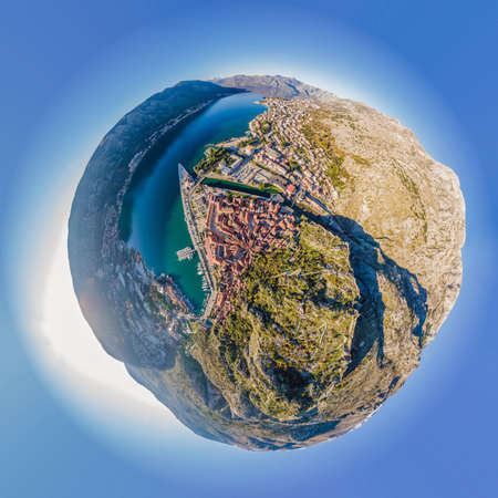Old city. Kotor. Montenegro. Narrow streets and old houses of Kotor at sunset. View of Kotor from the city wall. View from aboveの写真素材