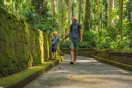 Dad and son travelers discovering Ubud forest in Monkey forest, Bali Indonesia. Traveling with...
