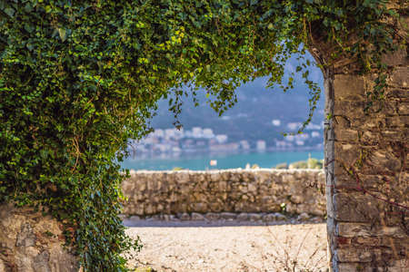 Old city. Kotor. Montenegro. Narrow streets and old houses of Kotor at sunset. View of Kotor from the city wall. View from aboveの写真素材