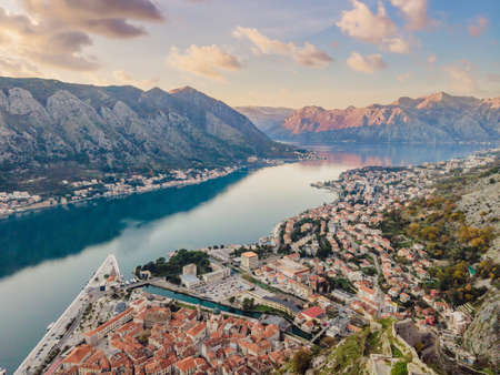 Old city. Kotor. Montenegro. Narrow streets and old houses of Kotor at sunset. View of Kotor from the city wall. View from above.の写真素材