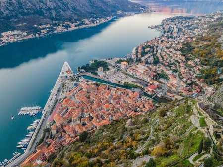 Old city. Kotor. Montenegro. Narrow streets and old houses of Kotor at sunset. View of Kotor from the city wall. View from aboveの写真素材