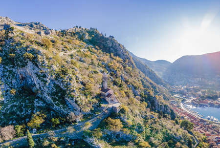 Kotor Old Town Ladder of Kotor Fortress Hiking Trail. Aerial drone viewの写真素材