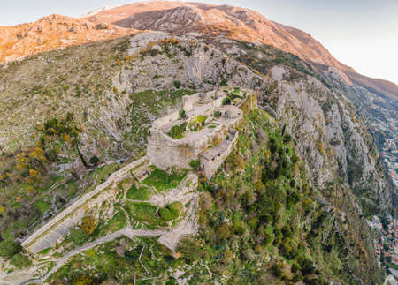 Kotor Old Town Ladder of Kotor Fortress Hiking Trail. Aerial drone viewの写真素材