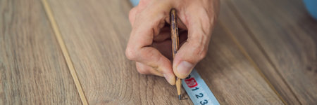 BANNER, LONG FORMAT Man installing new wooden laminate flooring on a warm film floor. Infrared floor heating system under laminate floorの写真素材