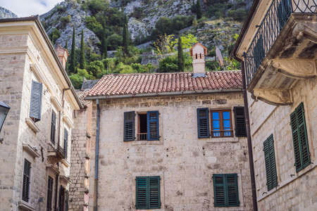 Colorful street in Old town of Kotor on a sunny day, Montenegroの写真素材