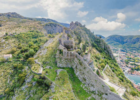 Montenegro. Bay of Kotor, Gulf of Kotor, Boka Kotorska and walled old city.の写真素材
