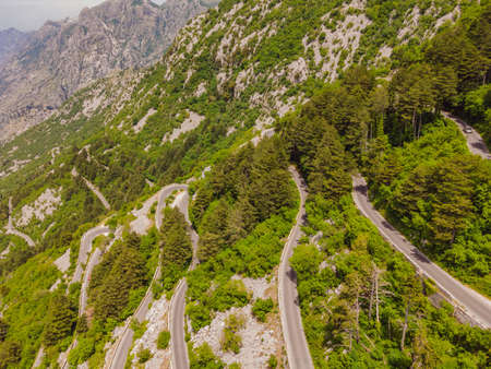Aerial view on the Old Road serpentine in the national park Lovcen, Montenegroの写真素材