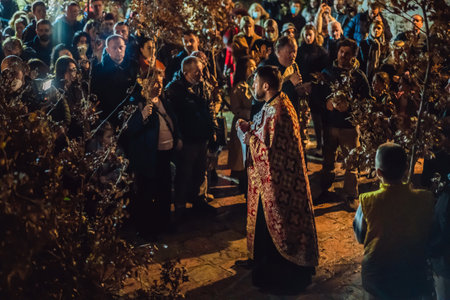 Montenegro, Budva 7.01. 2021: Christian Christmas in Montenegro, the feast of the oak branch. People burn an oak branch in honor of Christmasのeditorial素材