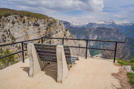 Breathtaking panoramic view of the Grlo Sokolovo gorge in Montenegro. In the foreground is a...
