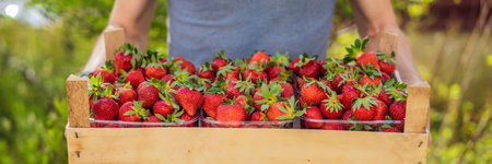 Young man farmer is holding a wooden box full with delicious strawberries BANNER, LONG FORMATの写真素材