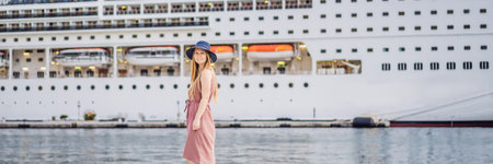 Young woman ready to travel on cruise ship BANNER, LONG FORMATの写真素材