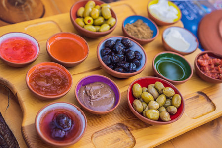Turkish breakfast table. Pastries, vegetables, greens, olives, cheeses, fried eggs, spices, jams, honey, tea in copper pot and tulip glasses, wide compositionの写真素材