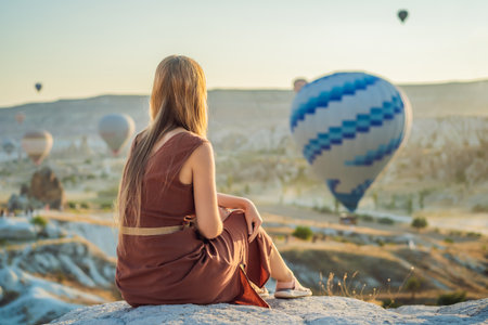 Tourist woman looking at hot air balloons in Cappadocia, Turkey. Happy Travel in Turkey concept. Woman on a mountain top enjoying wonderful viewの写真素材