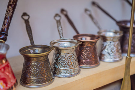 Metal copper brown coffee turk. Coffeepot, coffeemakerの写真素材