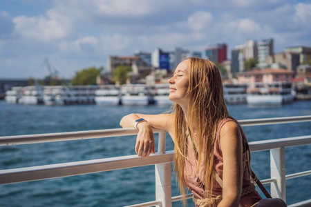 Happy woman enjoying the sea from ferry boat crossing Bosphorus in Istanbul. Summer trip to Istanbulの写真素材