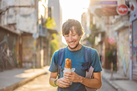 Man eating street food in Istanbul. Balik ekmek - fish in a bread, traditional Turkish fast food. Istanbul, Turkeyの写真素材