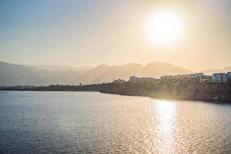 Old town Kaleici in Antalya. Panoramic view of Antalya Old Town port, Taurus mountains and Mediterrranean Sea, Turkeyの写真素材