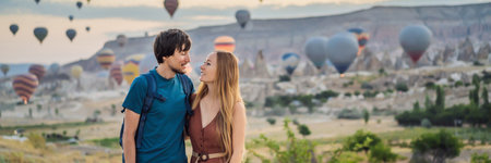 BANNER, LONG FORMAT Tourists couple man and woman looking at hot air balloons in Cappadocia, Turkey. Happy Travel in Turkey concept. Couple man and woman on a mountain top enjoying wonderful viewの写真素材