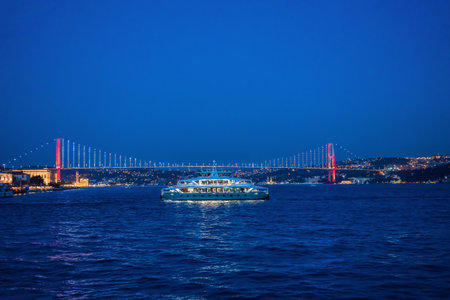 Muslim architecture and water transport in Turkey - Beautiful View touristic landmarks from sea voyage on Bosphorusの写真素材
