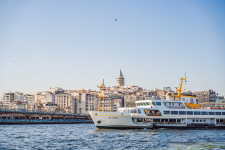 Istanbul, Turkey August 13, 2022: Muslim architecture and water transport in Turkey - Beautiful View touristic landmarks from sea voyage on Bosphorusのeditorial素材