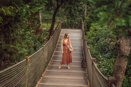 Woman tourist in Rope bridge in Yildiz Park. Besiktas, Istanbul, Turkey. Turkiyeの写真素材