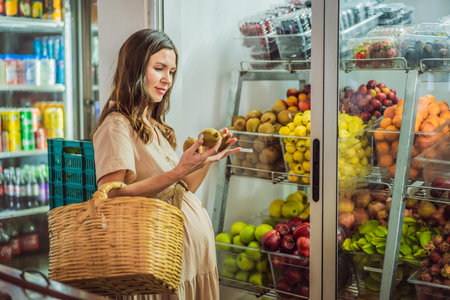 A glowing pregnant woman after forty makes a healthy choice as she selects organic vegetables and fruits at the vibrant organic market, prioritizing her well-being and her babys healthの写真素材