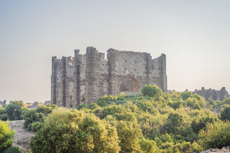 Aspendos Ancient City. Aspendos acropolis city ruins, cisterns, aqueducts and old temple. Aspendos Antalya Turkey. turkiyeの写真素材