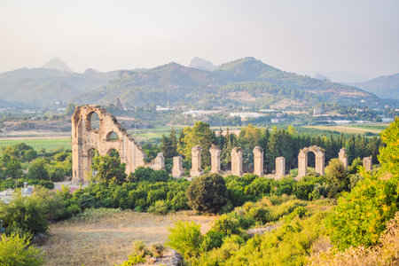 Aspendos Ancient City. Aspendos acropolis city ruins, cisterns, aqueducts and old temple. Aspendos Antalya Turkey. turkiyeの写真素材