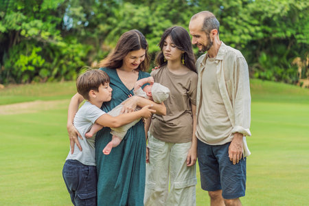 Happy couple in their 40s, surrounded by adult children, cradle a newborn in a sunlit park. Love,...