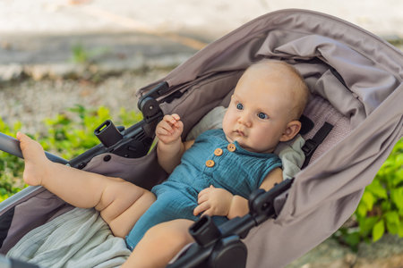 A cute baby, dressed in soft muslin clothes, sits contentedly in a stroller, basking in comfort and...