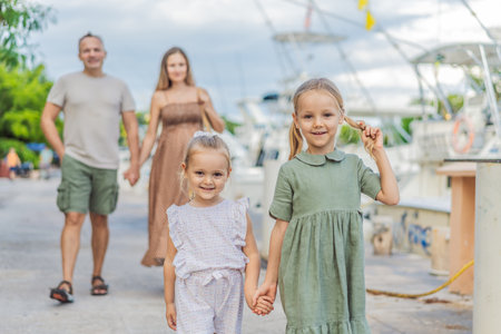 A happy, mature couple over 40 with their two daughters enjoying a leisurely walk on the waterfront, their joy evident as they embrace the journey of pregnancy later in lifeの写真素材