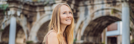 BANNER, LONG FORMAT Happy female tourist traveler discover interesting places and popular...