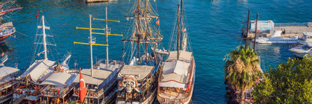 Old town Kaleici in Antalya. Panoramic view of Antalya Old Town port, Taurus mountains and...