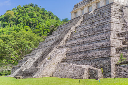 The ancient pyramids of Palenque in Mexico, surrounded by lush jungle. Iconic archaeological site showcasing Mayan culture and history. Travel, history, and adventure conceptの写真素材