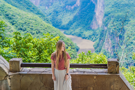 Female tourist exploring Sumidero Canyon National Park, Mexico. Adventure, natural exploration, and travel experience conceptの写真素材