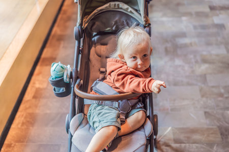 Curious baby sitting in a stroller, pointing at something with excitement. Exploration, discovery, and family moments concept. Perfect for parenting, childhood, and outdoor adventure themesの写真素材