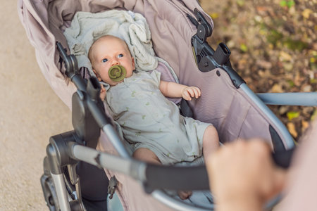 Mother walking with her baby in a stroller in the park. Peaceful outdoor bonding time. Parenthood,...