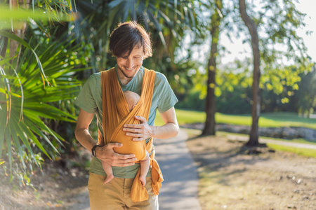 Father holding his little baby in a yellow sling in the park. Warm and loving family moment....