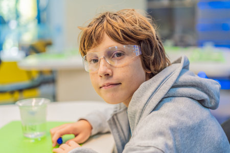 Teenage boy wearing safety glasses prepares to conduct chemistry experiments, representing STEM...