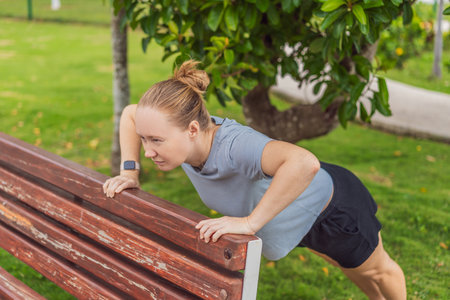 Unaltered woman exercising in a park, enjoying movement, fresh air and a healthy outdoor routine. Concept of fitness, wellbeing, positive lifestyle, energy, self-care and everyday outdoor activity in natureの写真素材