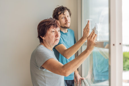 Older woman and her adult son cleaning the house together, sharing teamwork and family cooperation....