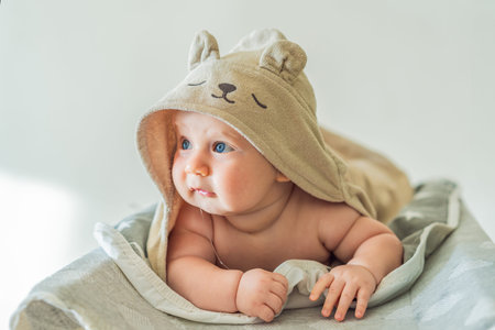 Baby lying on a changing table wrapped in a soft towel after bathing at home. Clean, calm and cozy...