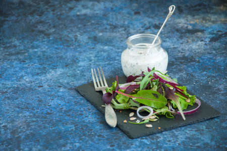 Spring herbs red onion pumpkin flax sesame seeds salad with spicy sour cream sauce served on a black stone board on a blue backgroundの写真素材