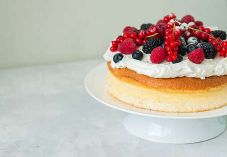 Close up of fluffy Japaniese cheesecake with wipped cream cheese frosting and garnished with forest berries served on a plate over white background.の写真素材