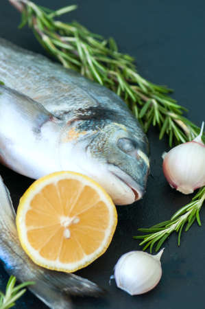 Fresh raw dorado fish with rosemary, garlic and lemon on a black slate background. Selective focus. Overhead view.の写真素材
