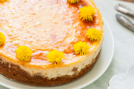 Close up of homemade New York style cheesecake garnished with dandelions served on a white plate on a white stone background.の写真素材